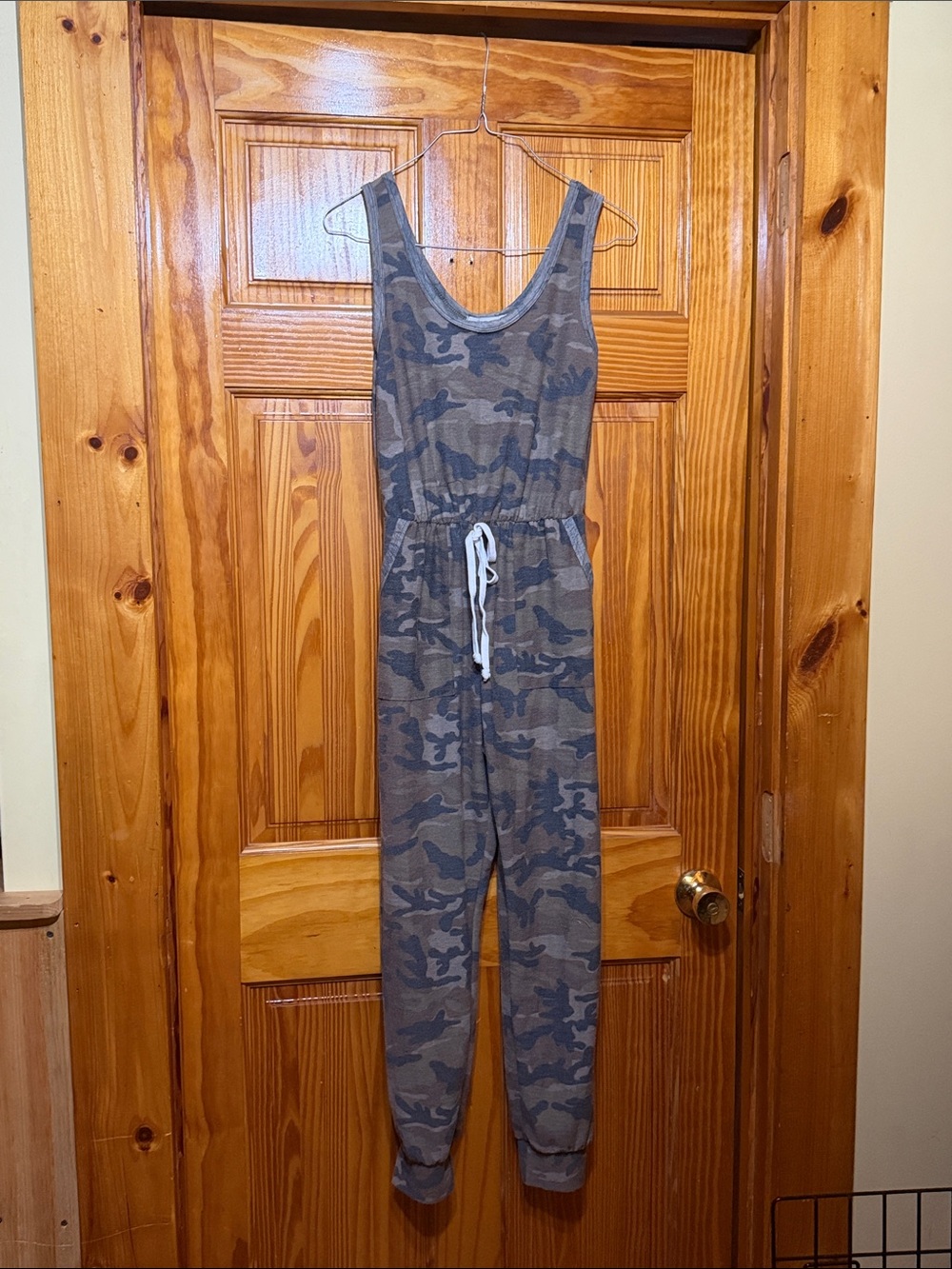 Caution To The Wind Women's Camo Jumpsuit in Olive & Gray